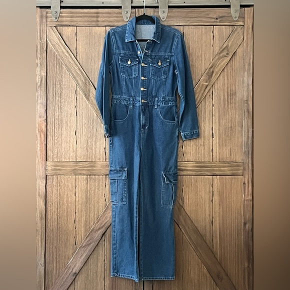 Shein Button Front Long Sleeve Denim Western Jumpsuit Dark Wash Size Small EUC - Picture 1 of 8